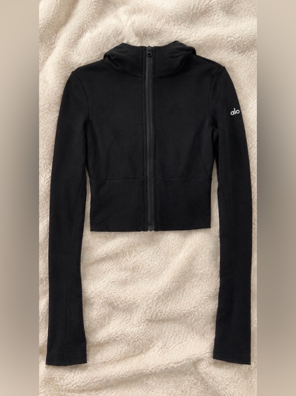 ALO Yoga Sway Black Cropped Zip Hooded Jacket - Picture 2 of 3